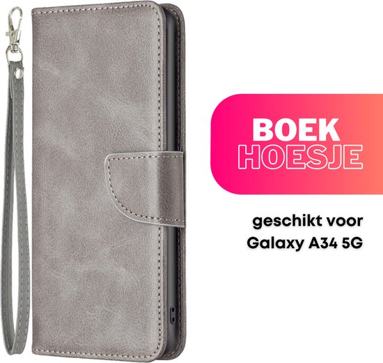 Hoesje Grijs - Geschikt voor Samsung Galaxy A34 5G - Portemonnee Book Case - Boekje Met Kaarthouder / Pasjeshouder en Magneetsluiting - Booklet Beschermhoes