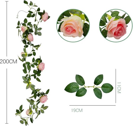 Luxe Bloemenslinger Roos - Realistische Roze Rozen - Grote Stijlvolle Bloemenstreng - Voor Interieur, Fietsmand of Stuur - 200 CM Bloemen Roze - Plastic Kunstbloemen Fiets Slinger Tak