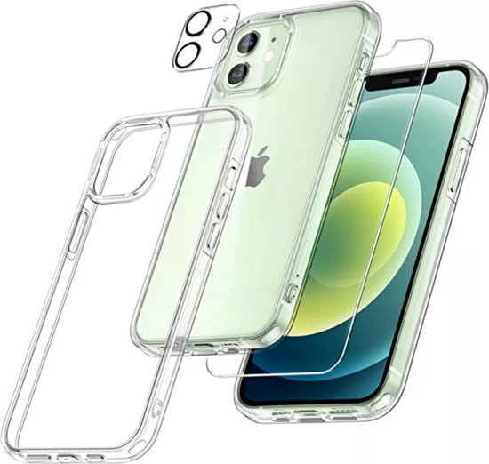 3 in 1 Set Geschikt voor iPhone 12 - Transparant Hoesje + Screenprotector + Cameraprotector - Doorzichtige Shockproof TPU Case - Tempered Glass Screen Protector - Glazen Camerabeschermer - Set van 3 Delen