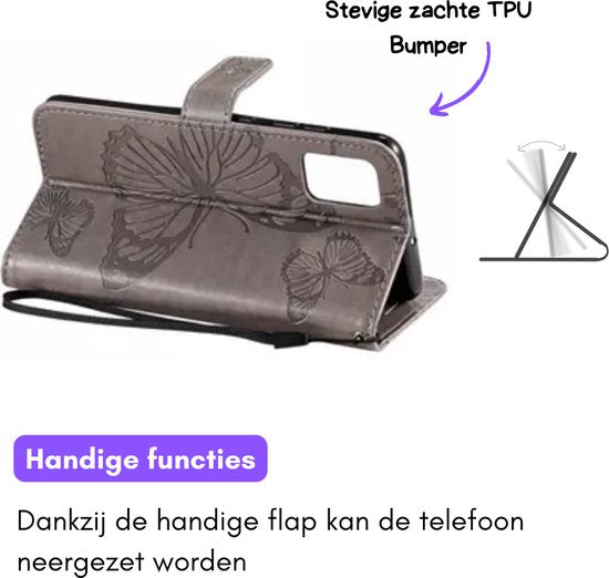 Hoesje Vlinders Grijs - Geschikt voor Samsung Galaxy A25 - Portemonnee Book Case - Boekje Met Kaarthouder / Pasjeshouder en Magneetsluiting - Booklet Beschermhoes - Boekhoesje met Draagkoord