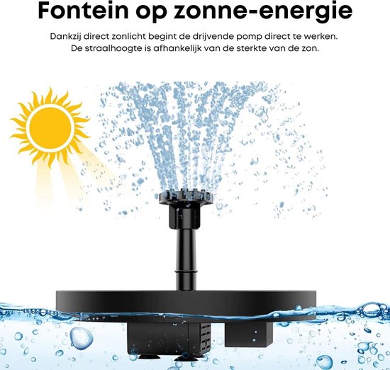 Rogoods - Solar Fontein op Zonne Energie - Fontein Pomp voor Tuin / Vijver / Zwembad / Waterschaal / Vogelbadje - 6 Opzetstukken - Sterke Straal - 16 CM Waterfontein
