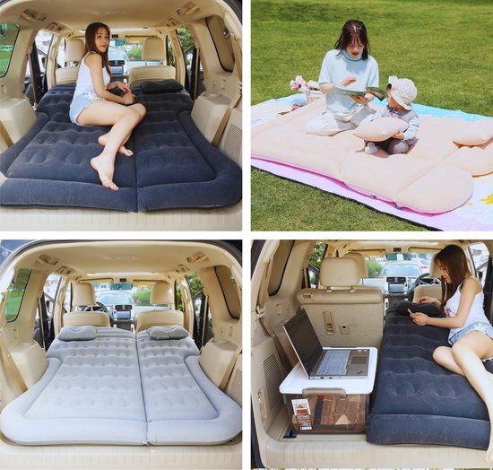 Opblaasbaar Auto Matras - Auto Luchtbed Beige - Achterbank en Achterbak - Tweepersoons 3-in-1 Universeel Automatras - Inclusief Elektrische Pomp en Accessoires - Kampeer Luchtbed voor Reizen