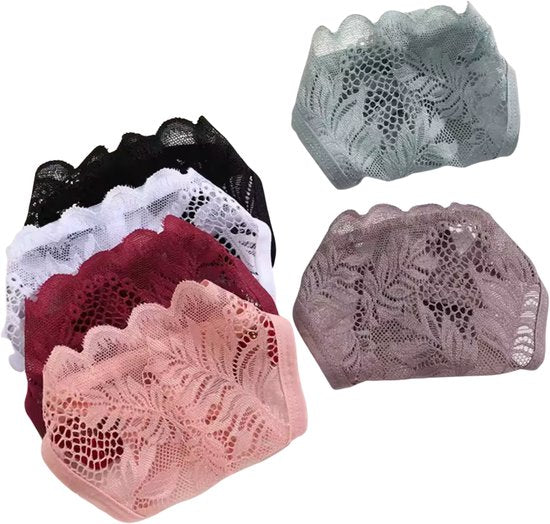 6 Pack Kanten Strings – Zachte, Sexy & Comfortabele Lingerie – Dames Ondergoed - Onderbroeken en Slips Voor Vrouwen - Zwart / Wit / Groen / Rood / Taupe / Roze - Maat L