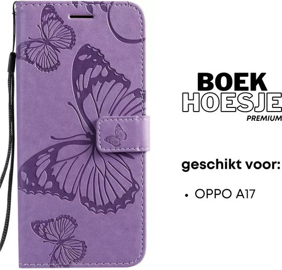 Hoesje Vlinders Paars - Geschikt voor OPPO A17 - Portemonnee Book Case - Boekje Met Kaarthouder / Pasjeshouder en Magneetsluiting - Booklet Beschermhoes - Boekhoesje met Draagkoord