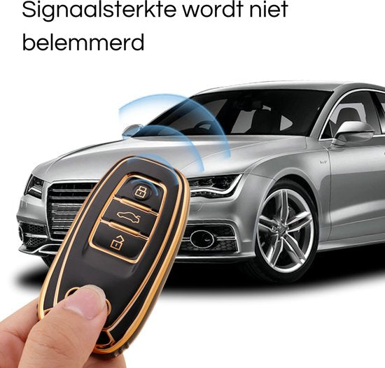 Zachte TPU Sleutelcover - Sleutelhoesje Geschikt voor Audi A1 / A3 / / A4 / A5 / A6 / A7 / A8 / Q3 / Q5 / Q7 / S5 / S6 - Zwart met Goud - Sleutel Hoesje Cover - Auto Accessoires