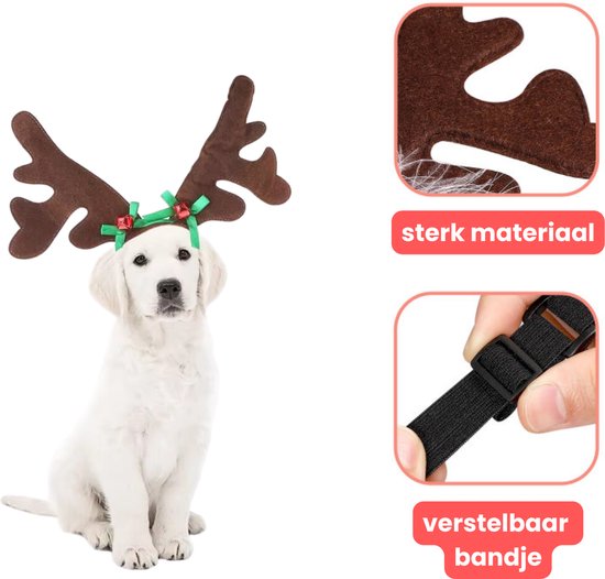 Kerst Gewei voor Honden - Verstelbaar Rendiergewei - Bruin Gewei met Rode Bellen en Groene Strikjes - Voor Kleine en Grote Honden - Hondenkleding Kerst - One Size