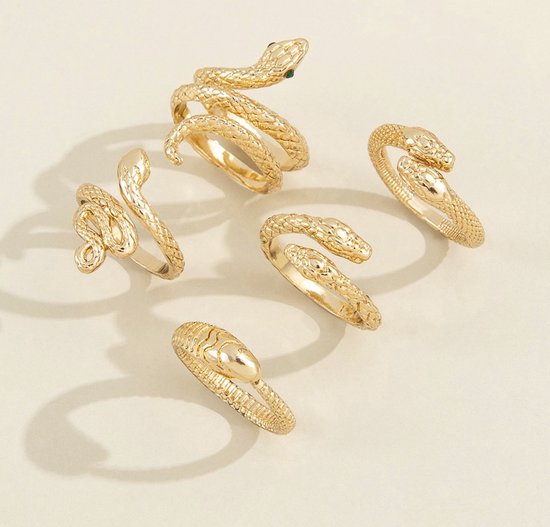 Set van 5 - Ring Slang Goud - Gold Snake - 5 Goudkleurige Ringen - 1,7 Centimeter - Trendy Dames Ringen Slangen