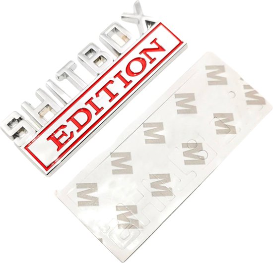 Auto Embleem Shitbox Edition - Zilver Chroom Rood - Zelfklevende Badge - Embleem - universeel/alle automerken - Logo - Auto Accessoires