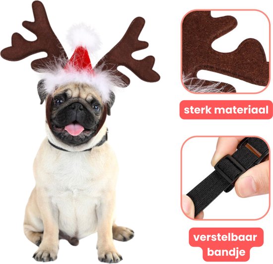 Kerst Gewei voor Honden - Verstelbaar Rendiergewei - Bruin Gewei met Rode Kerstmuts - Voor Kleine en Grote Honden - Hondenkleding Kerst - One Size