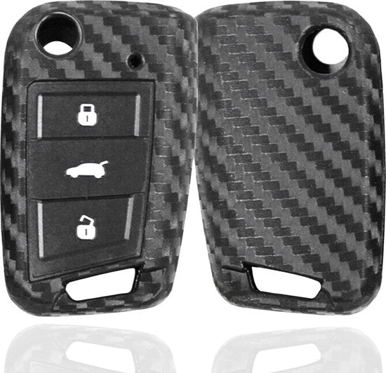 Zachte Carbon Sleutelcover met Knoppen - Sleutelhoesje Geschikt voor Volkswagen Golf / Tiguan - Seat Leon / Ateca / Ibiza - Skoda Kodiaq / Octavia / Karoq - Siliconen Materiaal - Sleutel Hoesje Cover - Auto Accessoires