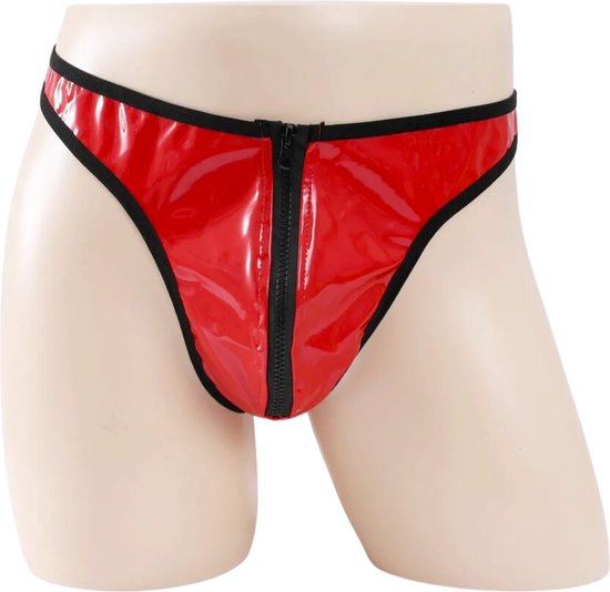 Heren Slip met Rits - Latex Look - Rood - Sexy Mannen String - Ondergoed Maat XXL
