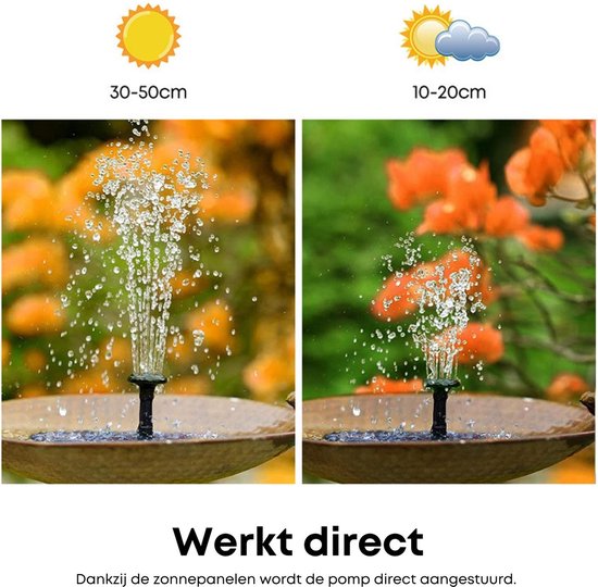 Rogoods - Solar Fontein op Zonne Energie - Fontein Pomp voor Tuin / Vijver / Zwembad / Waterschaal / Vogelbadje - 6 Opzetstukken - Sterke Straal - 16 CM Waterfontein