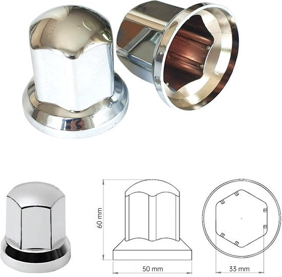 Vrachtwagen Wielmoerdoppen Chroom - 100 Stuks - 60 mm x 33 mm - Kunststof - Wiel Moer Cover Caps - Bescherming Voor Wielmoeren - Wieldoppen - Geschikt Voor Vrachtwagen / Trucks / Aanhanger / Bus / Trailer - Voertuig accessoires