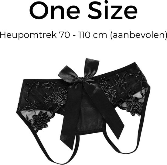 Sexy String met Open Achterkant - Zwart - Open Kruis - Erotisch Design met Kant en Strik - One Size - Dames String - Lingerie / Ondergoed