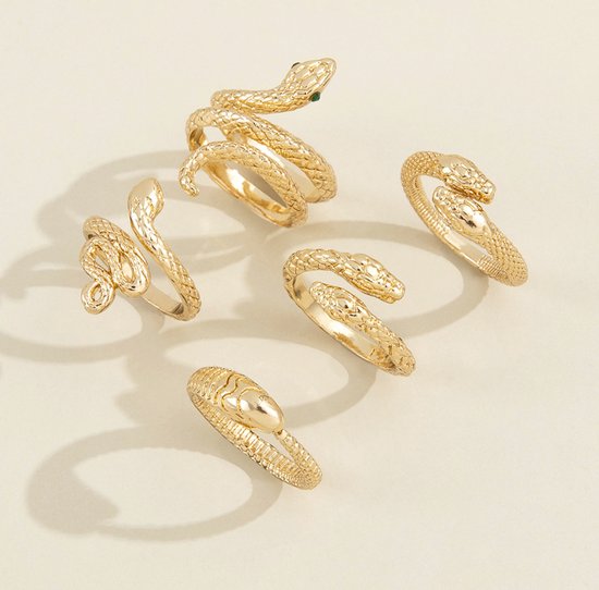 Set van 5 - Ring Slang Goud - Gold Snake - 5 Goudkleurige Ringen - 1,7 Centimeter - Trendy Dames Ringen Slangen