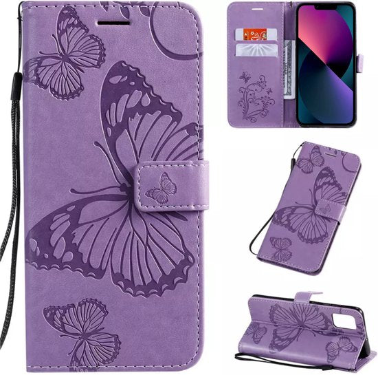 Hoesje Vlinders Paars - Geschikt voor Apple iPhone 13 / 14 - Portemonnee Book Case - Boekje Met Kaarthouder / Pasjeshouder en Magneetsluiting - Booklet Beschermhoes - Boekhoesje met Draagkoord
