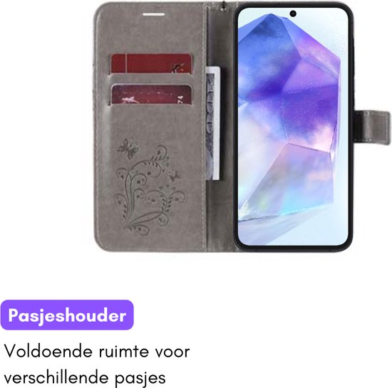 Hoesje Vlinders Grijs - Geschikt voor Samsung Galaxy A55 - Portemonnee Book Case - Boekje Met Kaarthouder / Pasjeshouder en Magneetsluiting - Booklet Beschermhoes - Boekhoesje met Draagkoord