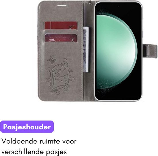 Hoesje Vlinders Grijs - Geschikt voor Samsung Galaxy S23 FE - Portemonnee Book Case - Boekje Met Kaarthouder / Pasjeshouder en Magneetsluiting - Booklet - Wallet Beschermhoes - Telefoonhoesje