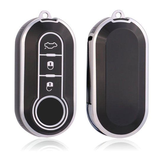 Zachte TPU Sleutelcover - Zwart Zilver Metallic - Sleutelhoesje Geschikt voor Fiat 500 / 500L / 500X / 500C / Panda / Punto / Stilo - Sleutel Hoesje Cover - Auto Accessoires