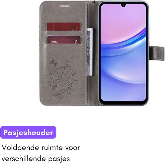 Hoesje Vlinders Grijs - Geschikt voor Samsung Galaxy A15 - Portemonnee Book Case - Boekje Met Kaarthouder / Pasjeshouder en Magneetsluiting - Booklet Beschermhoes - Boekhoesje met Draagkoord