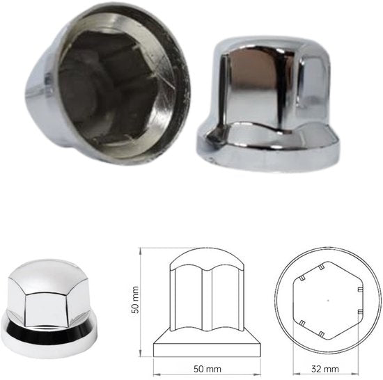 Vrachtwagen Wielmoerdoppen Chroom - 100 Stuks - 50 mm x 32 mm - Kunststof - Wiel Moer Cover Caps - Bescherming Voor Wielmoeren - Wieldoppen - Geschikt Voor Vrachtwagen / Trucks / Aanhanger / Bus / Trailer - Voertuig accessoires