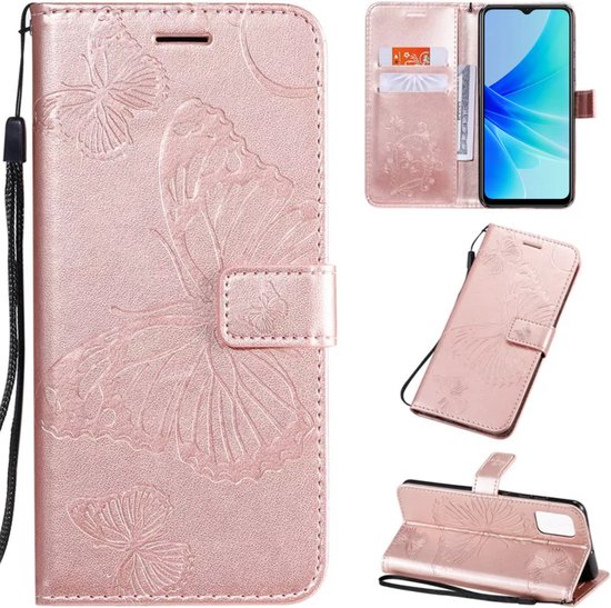 Hoesje Vlinders Roze - Geschikt voor OPPO A57 / A57s - Portemonnee Book Case - Boekje Met Kaarthouder / Pasjeshouder en Magneetsluiting - Booklet Beschermhoes - Boekhoesje