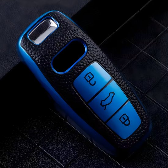 Kunst Leren Sleutelcover - Sleutelhoesje Geschikt voor Audi A3 / A4 / B9 / A6 / C8 / A7 / S7 / 4K / A8 / D5 / S8 / Q7 / Q8 / SQ8 / E-tron / 2018 / 2019 / 2020 / 2021 / 2022 - Zwart met Blauw - Key Cover - Auto Accessoires