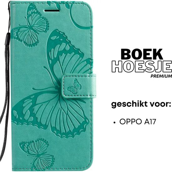 Hoesje Vlinders Groen - Geschikt voor OPPO A17 - Portemonnee Book Case - Boekje Met Kaarthouder / Pasjeshouder en Magneetsluiting - Booklet Beschermhoes - Boekhoesje met Draagkoord