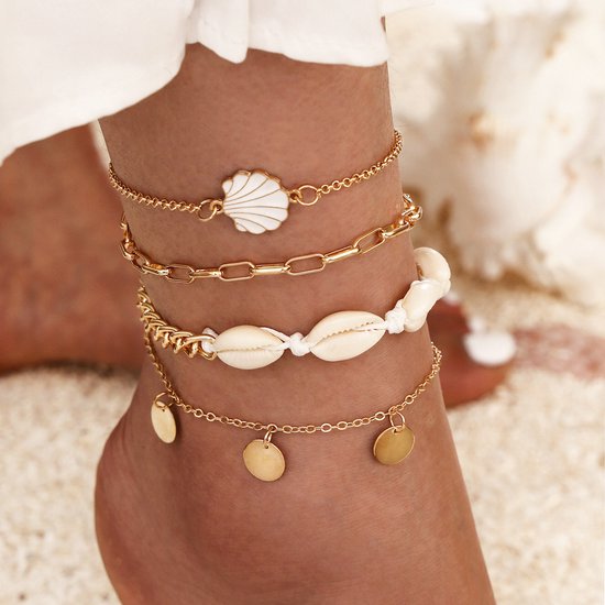 Set van 4 Enkelbandjes - Goud - 4 Stuks - Schelpen Goudkleurig - Enkelbanden - Enkel Sierraad - Cadeau Dames