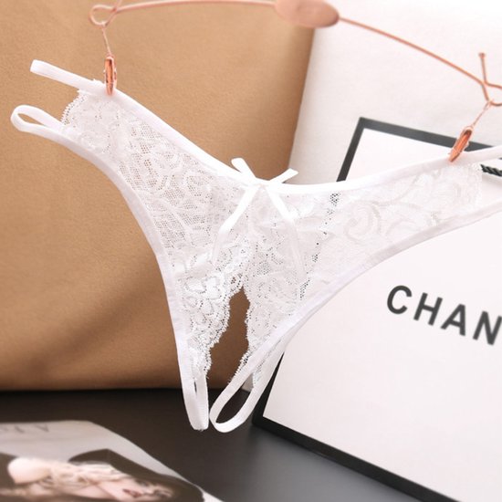 Sexy String met Open Kruis - Wit - Ontwerp met Kant - Erotisch Design met Strik - One Size String - Dames Onderbroek - Lingerie / Ondergoed