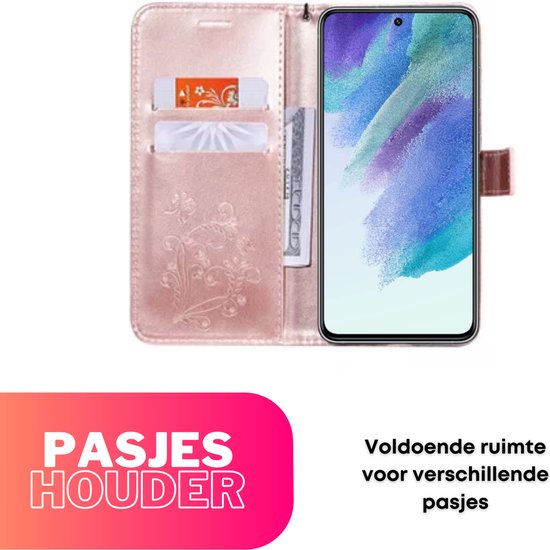 Hoesje Vlinders Roze - Geschikt voor Samsung Galaxy S21 FE - Portemonnee Book Case - Boekje Met Kaarthouder / Pasjeshouder en Magneetsluiting - Booklet - Wallet Beschermhoes - Telefoonhoesje