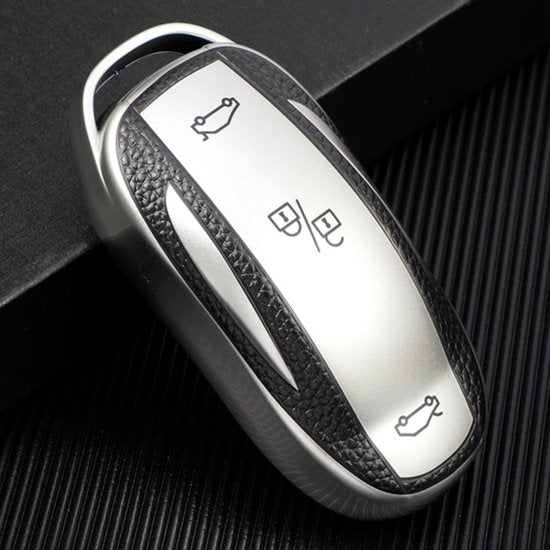 TPU Sleutelcover - Sleutelhoesje Geschikt voor Tesla Model 3 / Model S / Model Y - Zilvergrijs en Zwart Leer - Flexibele Sleutel Cover - Zacht Hoesje - Auto Accessoires