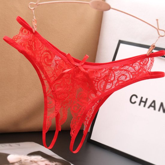 Sexy String met Open Kruis - Rood - Ontwerp met Kant - Erotisch Design met Strik - One Size String - Dames Onderbroek - Lingerie / Ondergoed