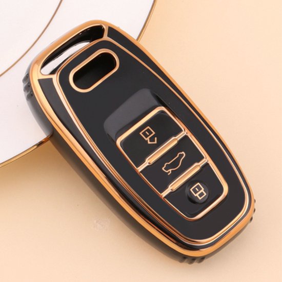 Zachte TPU Sleutelcover - Sleutelhoesje Geschikt voor Audi A1 / A3 / / A4 / A5 / A6 / A7 / A8 / Q3 / Q5 / Q7 / S5 / S6 - Zwart met Goud - Sleutel Hoesje Cover - Auto Accessoires
