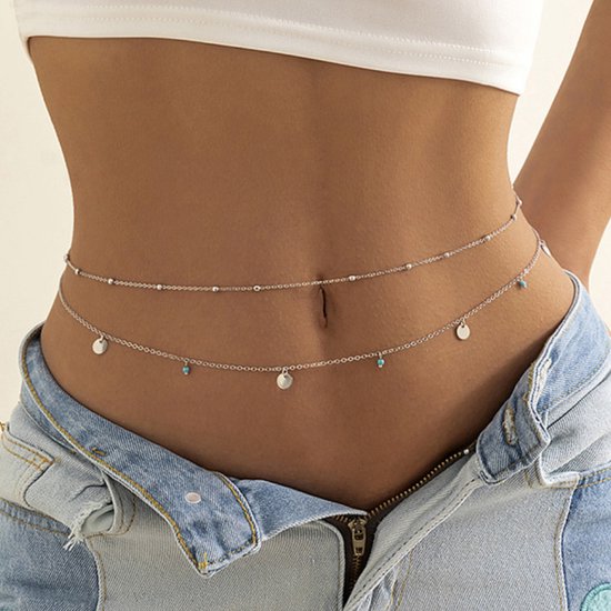 Belly Chain - Zilver met Blauwe Accenten - Buikketting Zilverkleurig - Zomerse Tailleketting - Heupketting Dames - Dubbele Buik Ketting