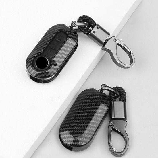 Premium Sleutelcover - Gloss Carbon Look - Sleutelhoesje Geschikt voor Fiat 500 / 500L / 500X / 500C / Panda / Punto / Stilo / Abarth / 595 - Sleutel Case met Sleutelhanger - Key Cover - Auto Accessoires