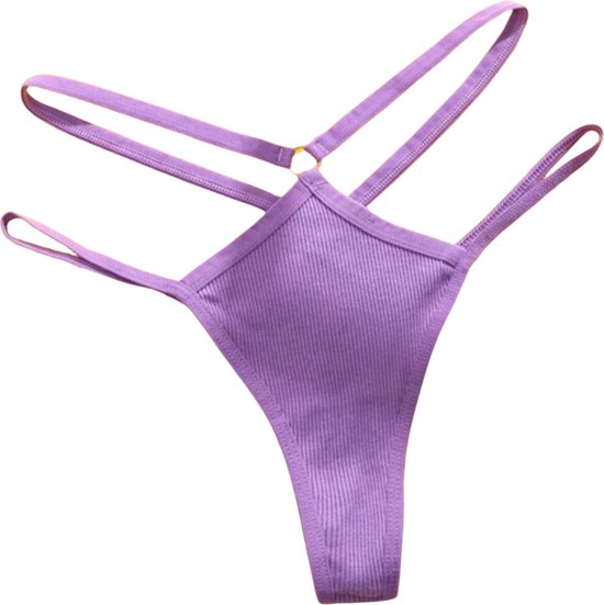 Sexy String met Dubbele Bandjes - Paars - Ontwerp met Ribstof en Dubbele Bandjes - Sexy Design - Dames Onderbroek - Lingerie / Ondergoed - Maat M