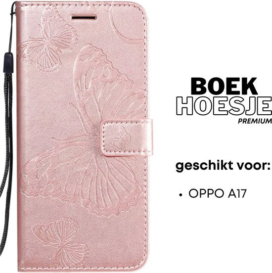 Hoesje Vlinders Roze - Geschikt voor OPPO A17 - Portemonnee Book Case - Boekje Met Kaarthouder / Pasjeshouder en Magneetsluiting - Booklet Beschermhoes - Boekhoesje met Draagkoord