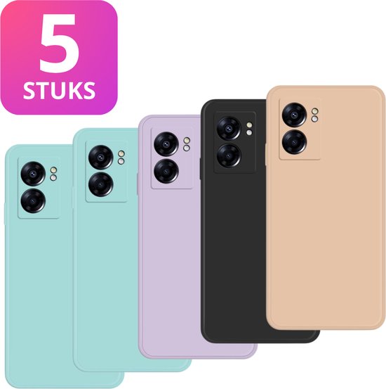 5 Pack - Hoesje Geschikt voor OPPO A17 - 5x Siliconen Shock Proof Case - Zwart + 4 Kleuren - Stevige TPU Cover - Multipack Gemixte Kleuren