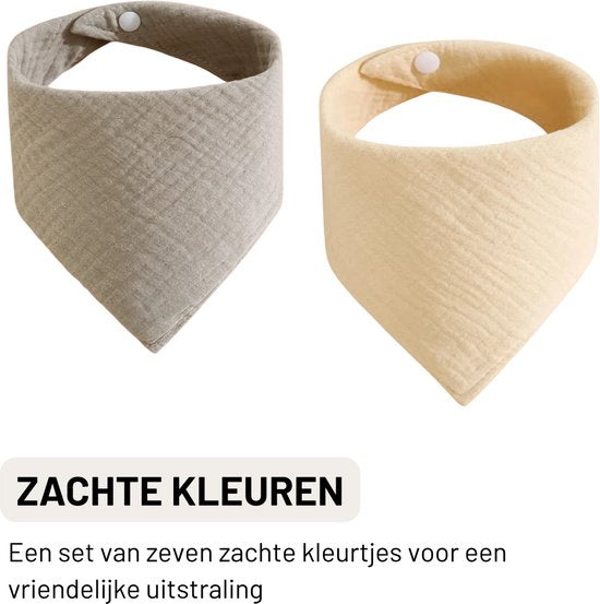 Set van 7 Schattige Bandana Slabbetjes – Zacht Katoen – Verstelbaar met Drukknopen – Unisex Baby Slabben voor Jongens & Meisjes – Neutrale Nude Kleuren