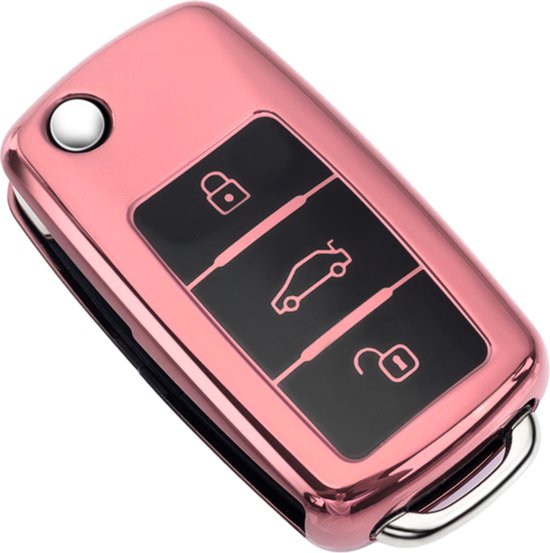 Zachte TPU Sleutelcover - Metallic Chroom Roze - Sleutelhoesje Geschikt voor Volkswagen Golf / Polo / Tiguan / Up / Passat / Seat Leon / Seat Mii / Skoda Citigo - Sleutel Hoesje Cover - Auto Accessoires