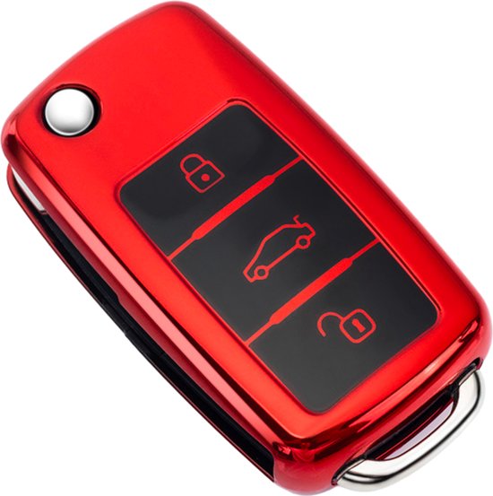 Zachte TPU Sleutelcover - Metallic Chroom Rood - Sleutelhoesje Geschikt voor Volkswagen Golf / Polo / Tiguan / Up / Passat / Seat Leon / Seat Mii / Skoda Citigo - Sleutel Hoesje Cover - Auto Accessoires