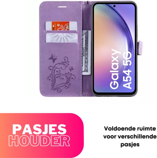 Hoesje Vlinders Paars - Geschikt voor Samsung Galaxy A54 5G - Portemonnee Book Case - Boekje Met Kaarthouder / Pasjeshouder en Magneetsluiting - Booklet Beschermhoes