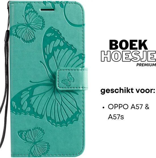 Hoesje Vlinders Groen - Geschikt voor OPPO A57 / A57s - Portemonnee Book Case - Boekje Met Kaarthouder / Pasjeshouder en Magneetsluiting - Booklet Beschermhoes - Boekhoesje