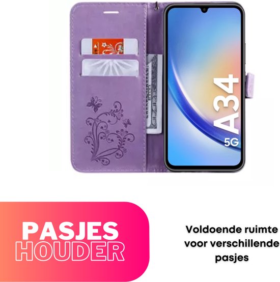 Hoesje Vlinders Paars - Geschikt voor Samsung Galaxy A34 5G - Portemonnee Book Case - Boekje Met Kaarthouder / Pasjeshouder en Magneetsluiting - Booklet Beschermhoes