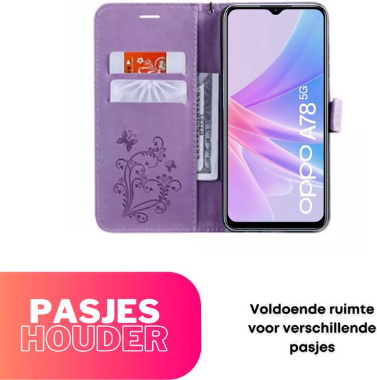Hoesje Vlinders Paars - Geschikt voor OPPO A78 5G - Portemonnee Book Case - Boekje Met Kaarthouder / Pasjeshouder en Magneetsluiting - Booklet Beschermhoes - Boekhoesje met Draagkoord