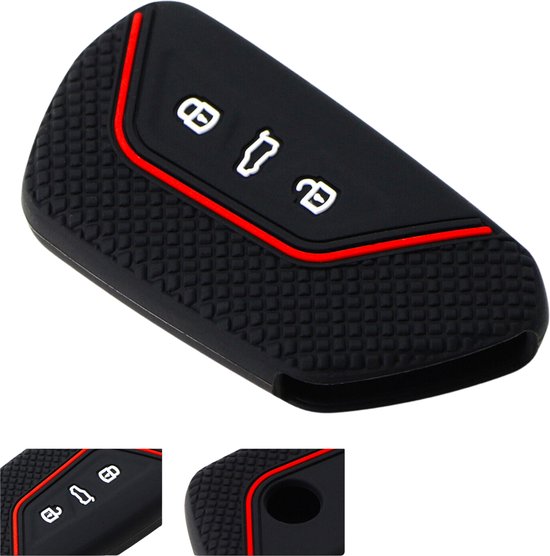 Zachte Siliconen Sleutelcover Sport - Sleutelhoesje Geschikt voor Volkswagen Golf 8 / ID3 / ID4 / ID5 / ID6 / Seat Leon 2020 / Skoda Octavia 2021 - Zwart Rood - Sleutel Hoesje Cover - Auto Accessoires
