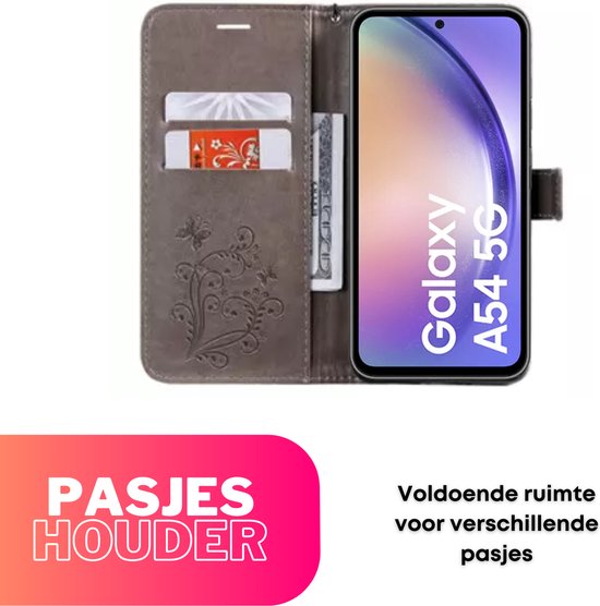 Hoesje Vlinders Grijs - Geschikt voor Samsung Galaxy A54 5G - Portemonnee Book Case - Boekje Met Kaarthouder / Pasjeshouder en Magneetsluiting - Booklet Beschermhoes
