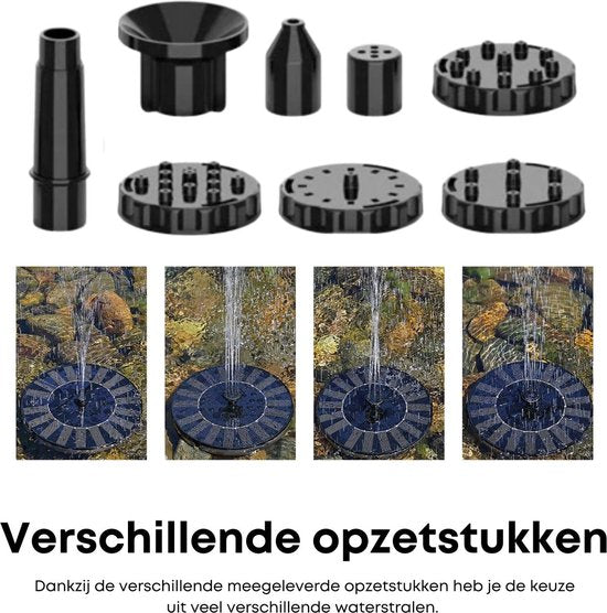 Rogoods - Solar Fontein op Zonne Energie - Fontein Pomp voor Tuin / Vijver / Zwembad / Waterschaal / Vogelbadje - 6 Opzetstukken - Sterke Straal - 16 CM Waterfontein