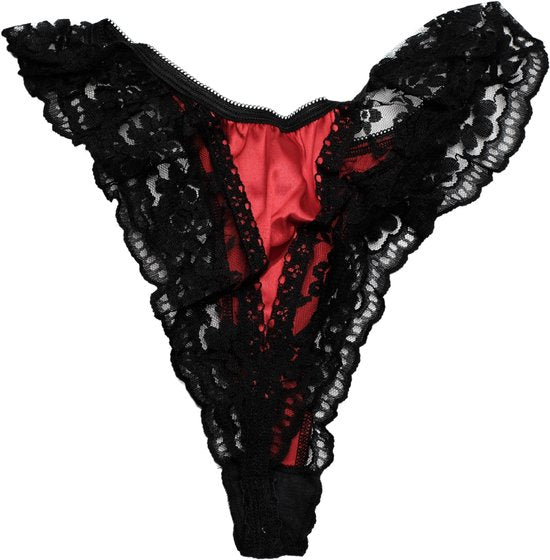 Elbrina Rode String met Zwart Kant – Verleidelijke Dames Lingerie – Sexy en Comfortabel Ondergoed – Maat M